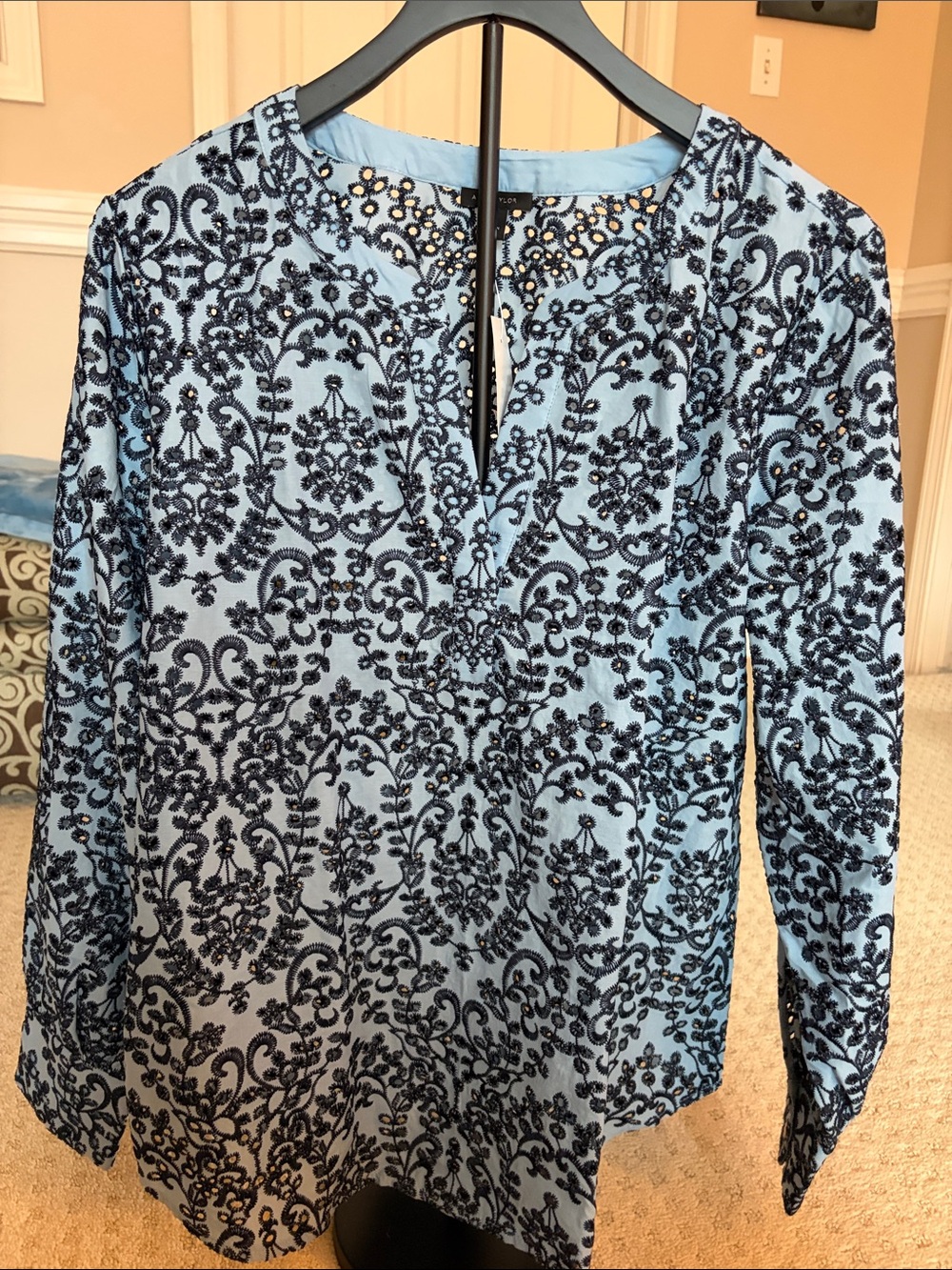 Ann Taylor Light Blue Blouse with Navy Embroidered Motif